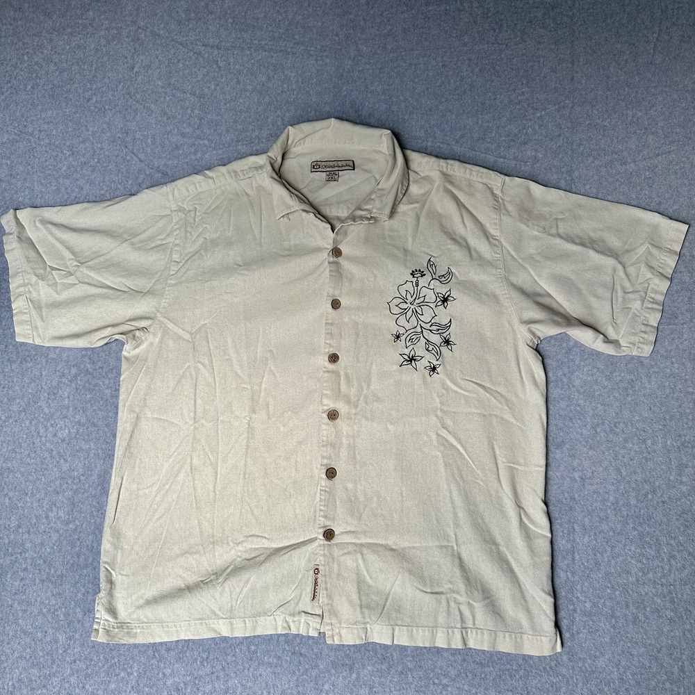 Duke Kahanamoku Silk Flower Embroidery Wood Buttons Beige Shirt Men's 2XL